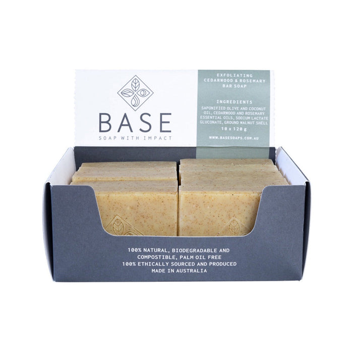 BASE (Soap With Impact) Soap Bar Exfoliating Cedarwood & Rosemary 120g x 10 Display (boxed)