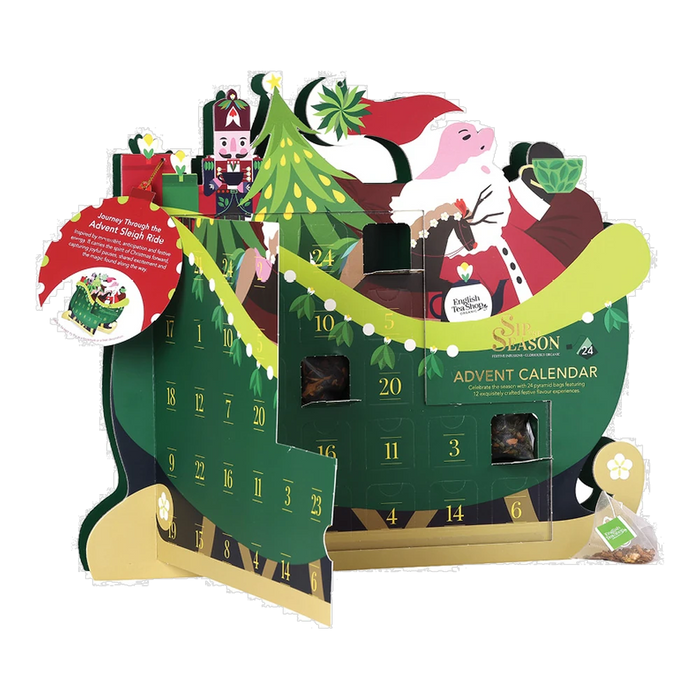 ENGLISH TEA SHOP Santa's Sleigh Advent Calendar opened with organic pyramid tea bags