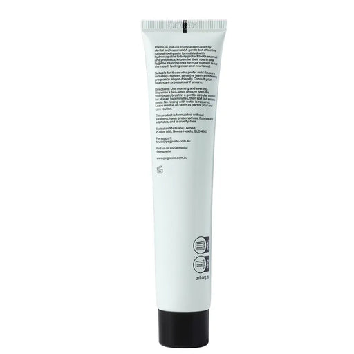 PEG Natural Mint toothpaste back of tube with directions and information displayed.