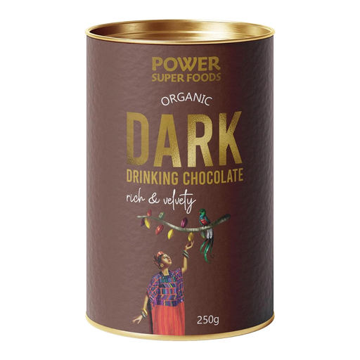 POWER SUPER FOODS Dark Drinking Chocolate Certified Organic 250g front of tin