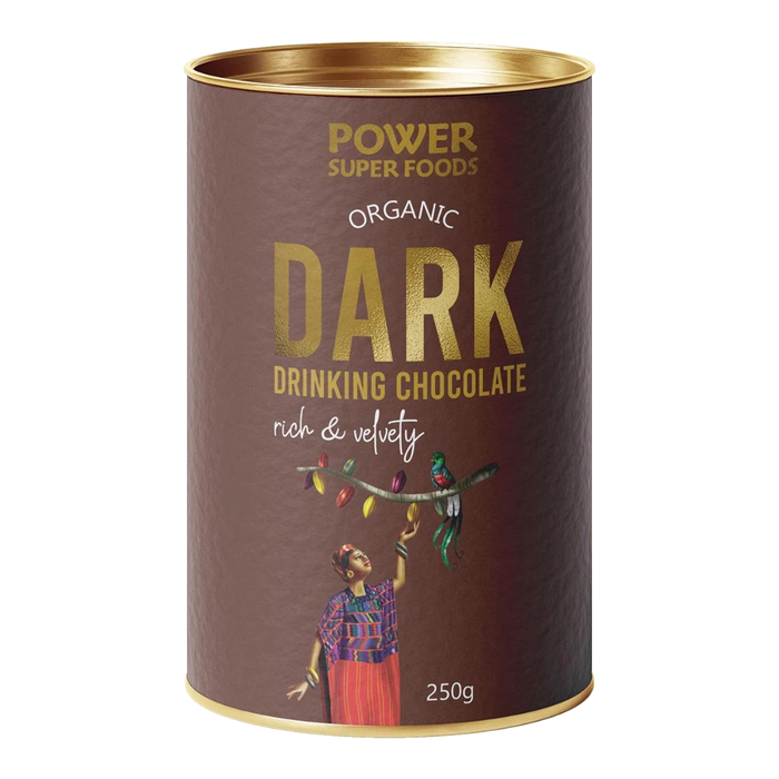 POWER SUPER FOODS Dark Drinking Chocolate Certified Organic 250g front of tin