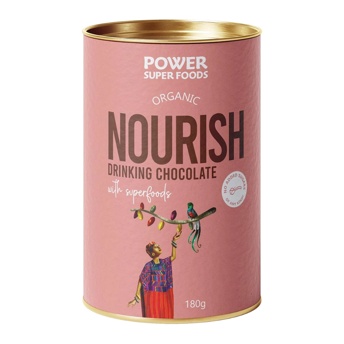 POWER SUPER FOODS Nourish Drinking Chocolate Certified Organic 180g front of tin