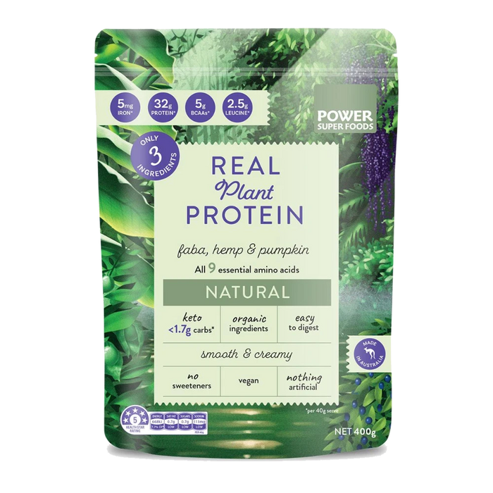 POWER SUPER FOODS Real Plant Protein Natural 400g front of pouch