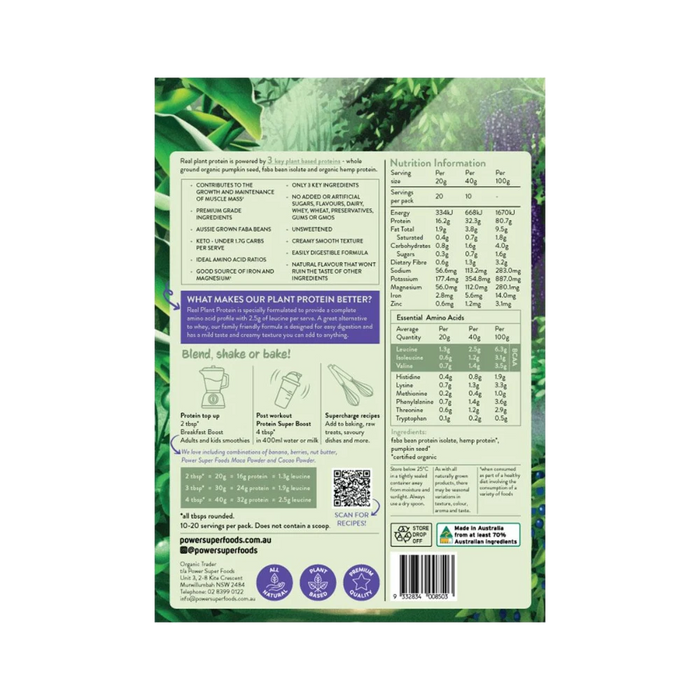 POWER SUPER FOODS Real Plant Protein Natural 400g back of pouch with nutrition panel