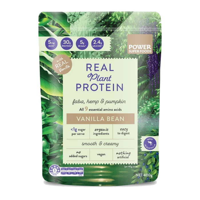 POWER SUPER FOODS Real Plant Protein Vanilla Bean 400g front of pouch