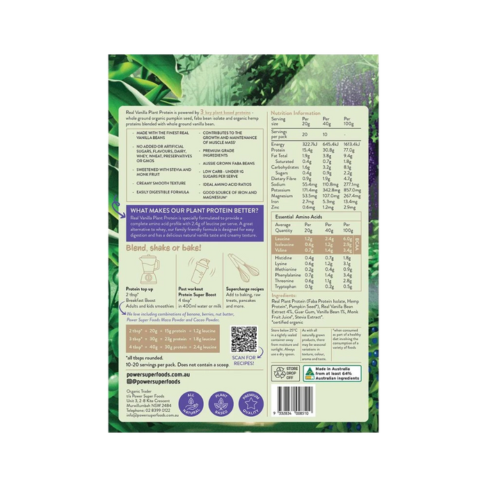 POWER SUPER FOODS Real Plant Protein Vanilla Bean 400g back of pouch with nutrition panel