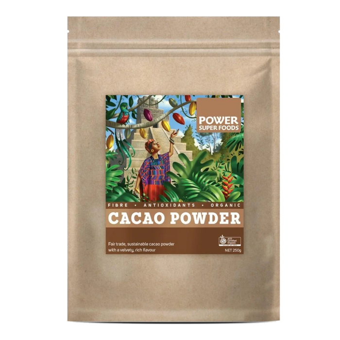 POWER SUPER FOODS Cacao Powder Kraft Certified Organic 250g front of kraft bag