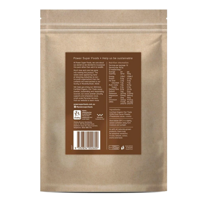 POWER SUPER FOODS Cacao Powder Kraft Certified Organic 250g back of kraft bag with nutrition panel