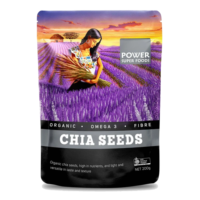 POWER SUPER FOODS Black Chia Seeds Certified Organic 450g front of pouch
