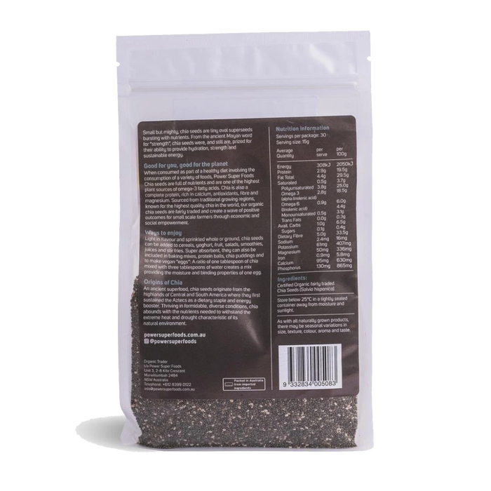POWER SUPER FOODS Black Chia Seeds Certified Organic 450g back of pouch with nutrition panel