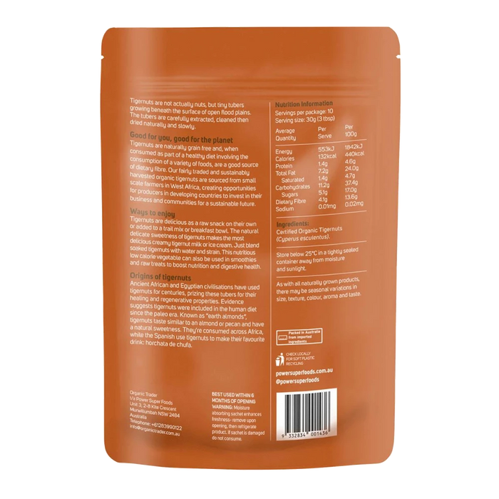 POWER SUPER FOODS Tigernuts Whole The Origin Series 300g back of pouch with nutrition panel