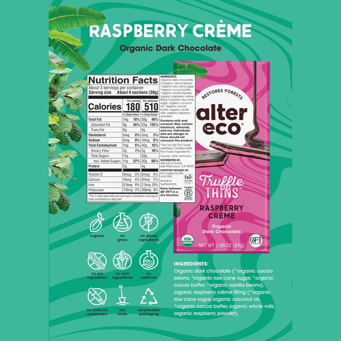 ALTER ECO Chocolate Organic Raspberry Creme Dark Truffle Thins 12x84g