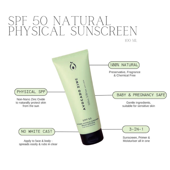 Avocado Zinc SPF50 Natural Physical Sunscreen 100ml