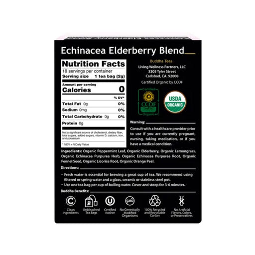 Buddha Teas Organic Herbal Tea Bags Echinacea Elderberry Blend 18pk