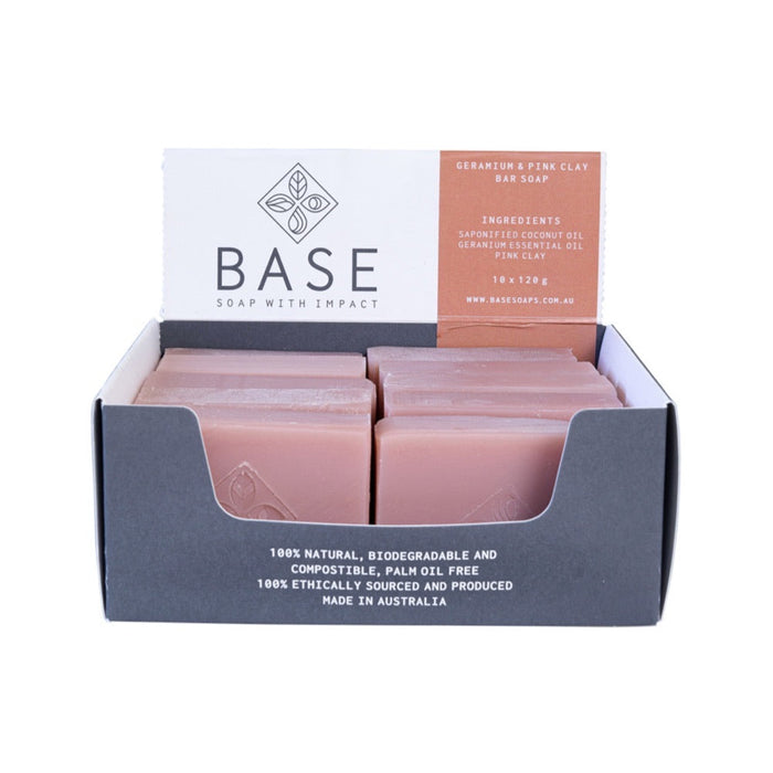 BASE (Soap With Impact) Soap Bar Geranium & Pink Clay 120g x 10 Display (unboxed)