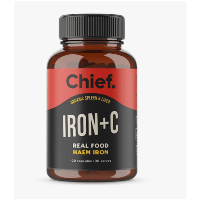 Bottle of Chief Iron+C supplement on a white background