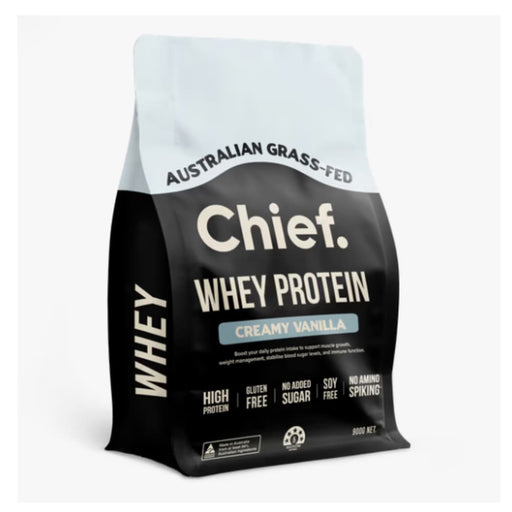 Bag of Chief Whey Protein in creamy vanilla flavor on a white background