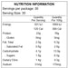 Nutrition information table for a food product with details on energy, protein, fat, carbohydrates, and sodium per serving and per 100g.