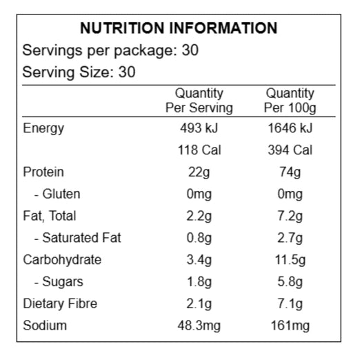 Nutrition information table for a food product with serving size and quantity details.