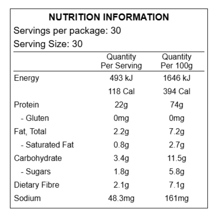 Nutrition information table for a food product with serving size and quantity details.