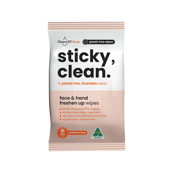 CLEANLIFE Sticky Clean Flushable Plastic Free Wipes 15pk