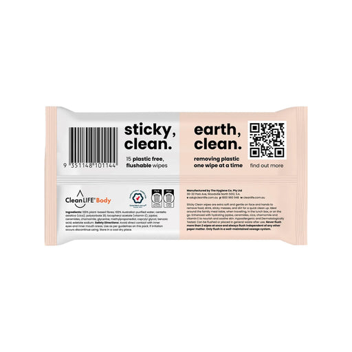 CLEANLIFE Sticky Clean Flushable Plastic Free Wipes 15pk