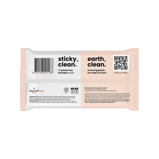 CLEANLIFE Sticky Clean Flushable Plastic Free Wipes 60pk