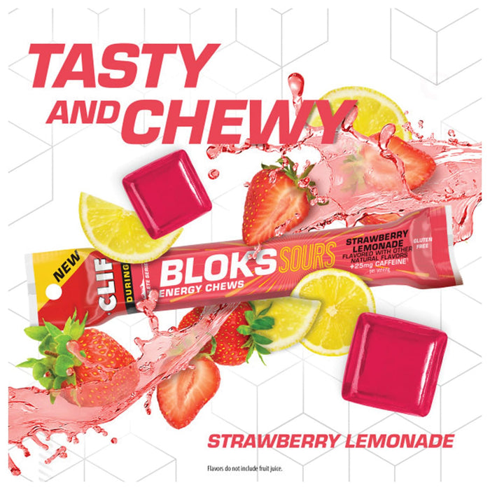 CLIF Bloks Energy Chews Sour Strawberry Lemonade 25mg Caffeine 18x60g