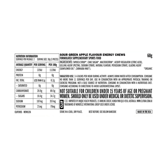 CLIF Bloks Energy Chews Sour Strawberry Lemonade 25mg Caffeine 18x60g