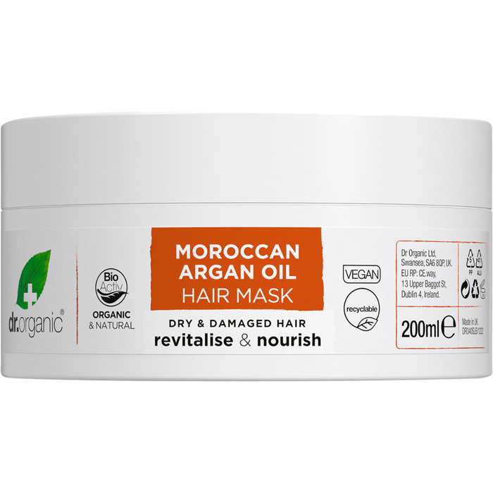 DR ORGANIC Organic Moroccan Argan Oil Hair Mask 200ml side of container