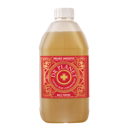 Dr. Planet organic unscented cleaning soap concentrate bottle with a red label in a clear jug