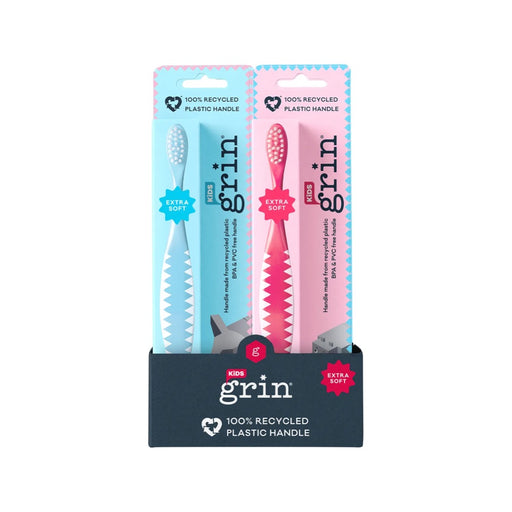GRIN 100% Recycled Toothbrush Kids Extra Soft Pink, Blue x8