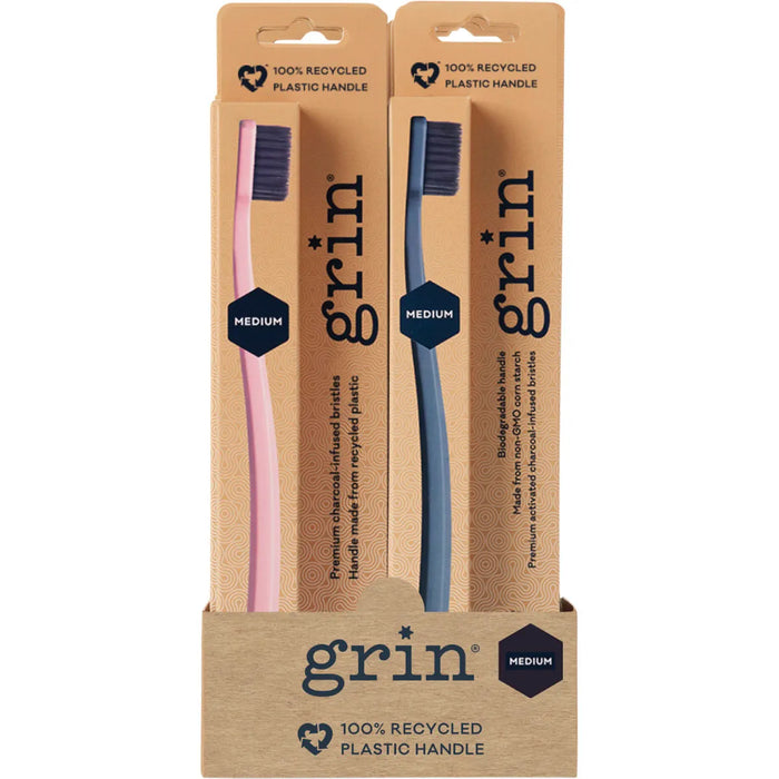 GRIN 8 Pack Medium Biodegradable Toothbrush Pink & Charcoal