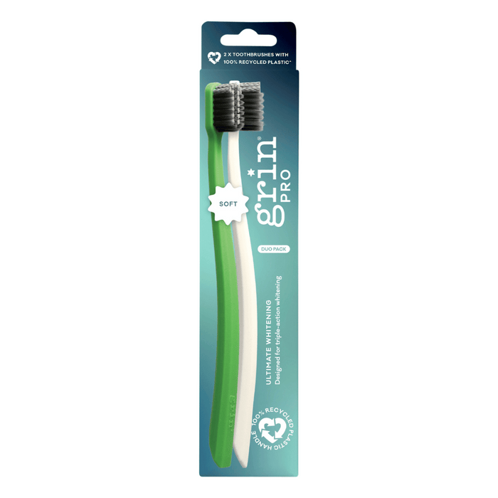 Grin Twin Pack Soft Biodegradable Toothbrush - White & Green front of pack
