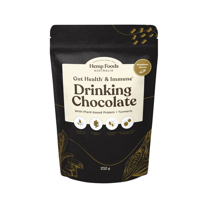 HEMP FOODS AUSTRALIA Drinking Chocolate Gut Health + Immune With Plant-Based Protein + Turmeric 252g