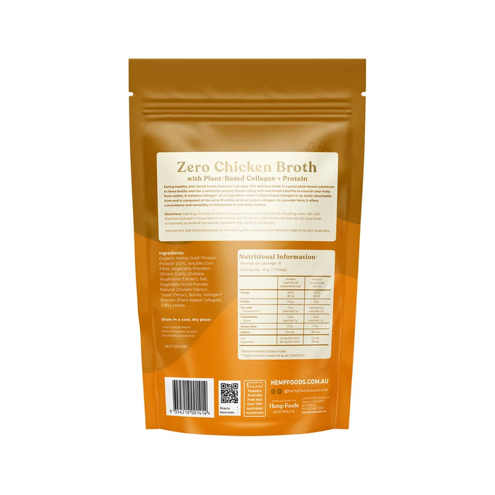 HEMP FOODS AUSTRALIA Broth Zero Chicken (Vegan) Immunity Support With Plant-Based Collagen + Protein 112g