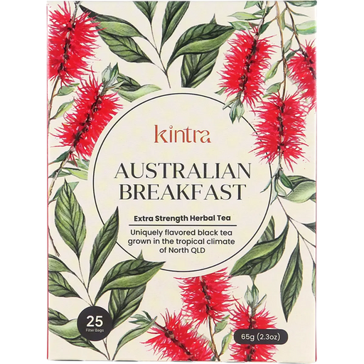 Kintra Australian Breakfast Extra Strength Herbal Tea box, featuring a cream-colored background decorated with red bottlebrush flowers and green leaves. The brand name 'kintra' is printed in a warm terracotta color at the top of the central oval label.