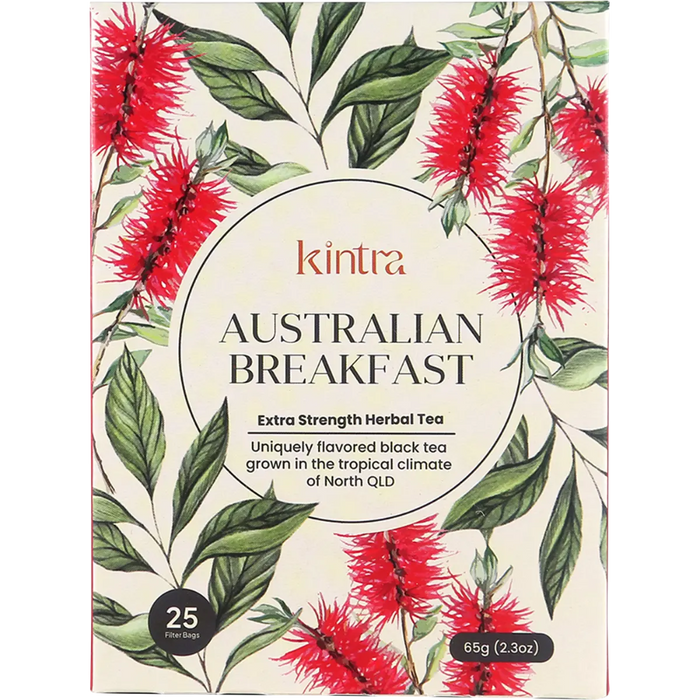 Kintra Australian Breakfast Extra Strength Herbal Tea box, featuring a cream-colored background decorated with red bottlebrush flowers and green leaves. The brand name 'kintra' is printed in a warm terracotta color at the top of the central oval label.