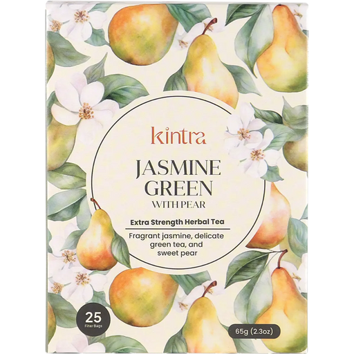 Kintra Jasmine Green with Pear herbal tea box packaging, featuring a watercolor illustration of green pears, leaves, and white blossoms on a cream background with a central white oval label.