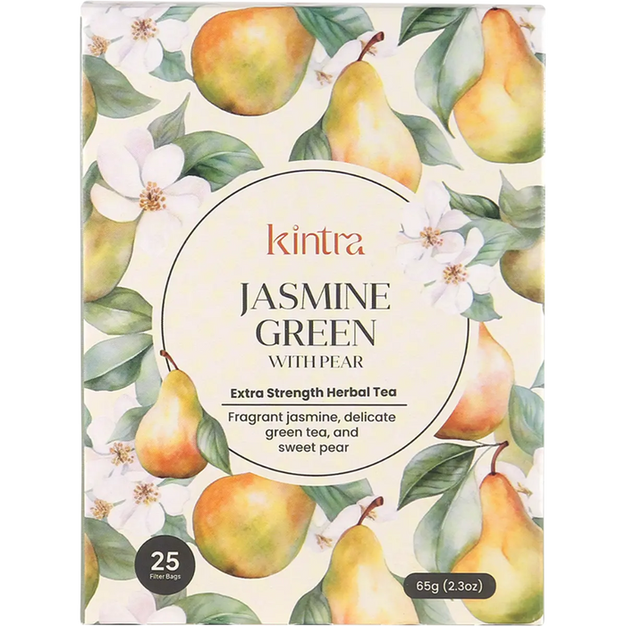 Kintra Jasmine Green with Pear herbal tea box packaging, featuring a watercolor illustration of green pears, leaves, and white blossoms on a cream background with a central white oval label.