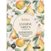 Kintra Jasmine Green with Pear herbal tea box packaging, featuring a watercolor illustration of green pears, leaves, and white blossoms on a cream background with a central white oval label.