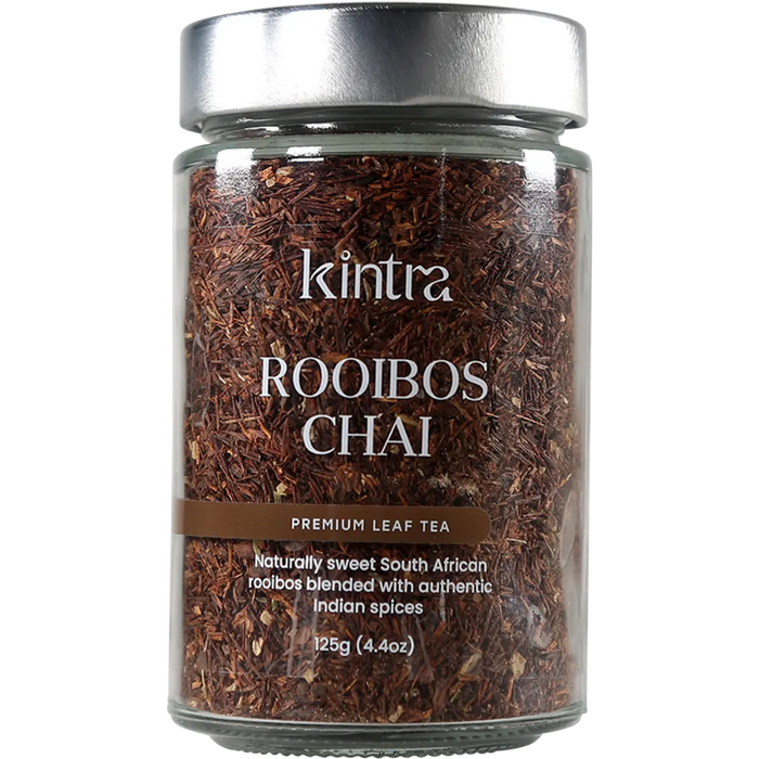 Kintra Rooibos Chai loose leaf tea front of jar.