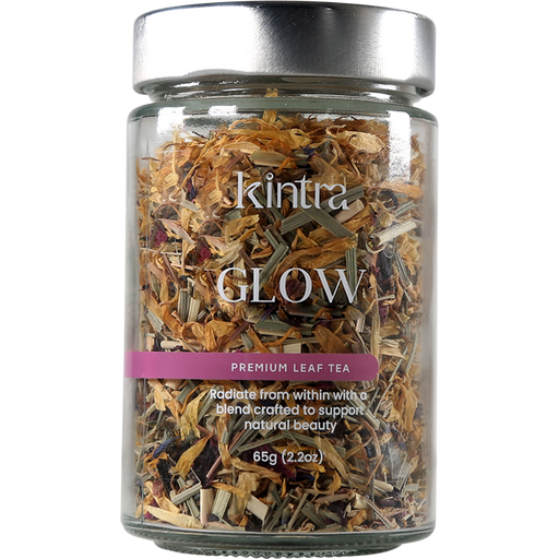 Jar of 'Glow' premium leaf tea by kintra on a white background