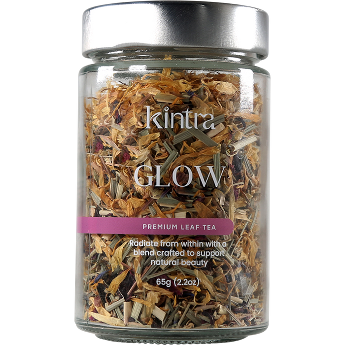 Jar of 'Glow' premium leaf tea by kintra on a white background