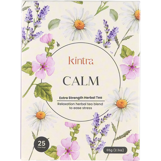 Kintra Calm Extra Strength Herbal Tea box featuring a cream-colored background decorated with watercolor illustrations of white daisies, pink flowers, and purple lavender.