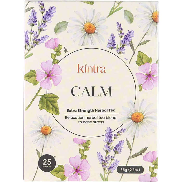 Kintra Calm Extra Strength Herbal Tea box featuring a cream-colored background decorated with watercolor illustrations of white daisies, pink flowers, and purple lavender.