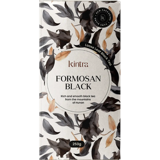A 250g package of kintra Formosan Black loose leaf black tea, featuring a white background decorated with black and brown watercolor leaves.