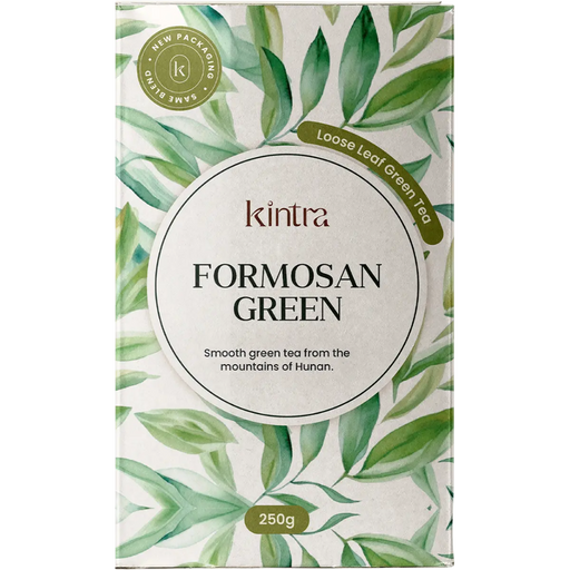 Kintra Formosan Green loose leaf tea packaging box, featuring a watercolor green leaf pattern on a white background with a central circular label.