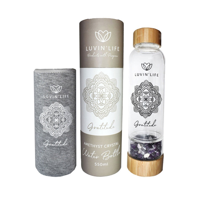 Luvin' Life Water Bottle Crystals & Bamboo (Includes Sleeve) 550ml Amethyst Crystals & Bamboo 'Gratitude'