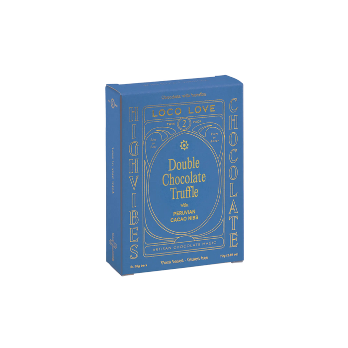Blue packaging of HighWire Loco Love Double Chocolate Truffle on a white background